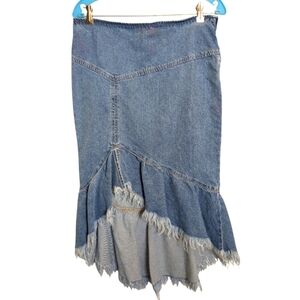 Free People Denim Jean Fringe Skirt Distressed Hi Lo Size 8